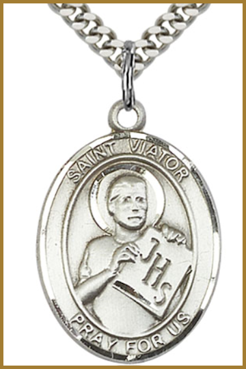 Sterling Silver Medal, 1"x3/4", St. Viator, Your Choice of Chain, # 54561