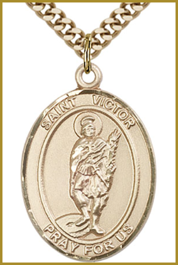 Solid 18kt Gold Medal, 1"x3/4", St. Victor of Marseilles, Free Chain, # 54564