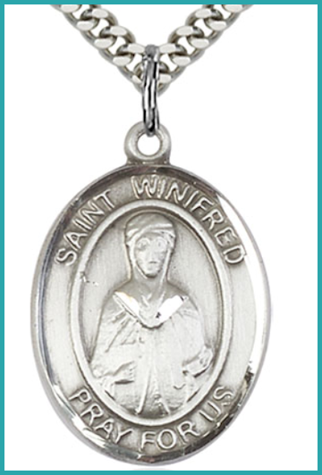 Sterling Silver Medal, 1"x3/4", St. Winifred, Your Choice of Chain, # 54581