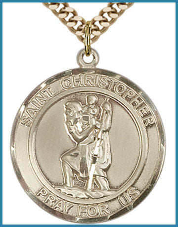1" Round Solid 18kt Gold Medal, St. Christopher, Free Chain, # 54609