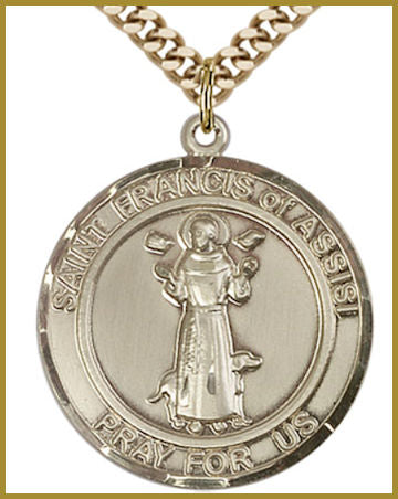 1" Round Solid 14kt Gold Medal, St. Francis of Assisi, Free Chain, # 54616
