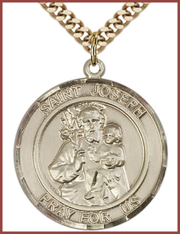 1" Round Solid 14kt Gold Medal, St. Joseph, Free Chain, # 54636