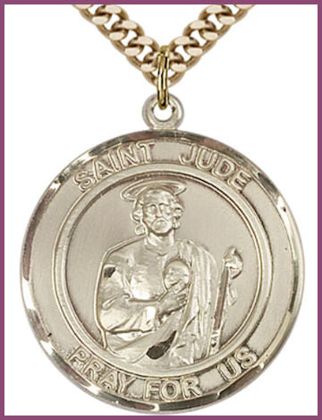 1" Round Solid 18kt Gold Medal, St. Jude, Free Chain, # 54641