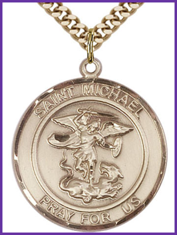 1" Round Solid 14kt Gold Medal, St. Michael, Free Chain, # 54652