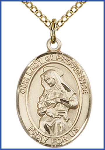 Solid 18kt Gold Medal, 3/4"x9/16", Our Lady of Providence, Free Chain, # 54680