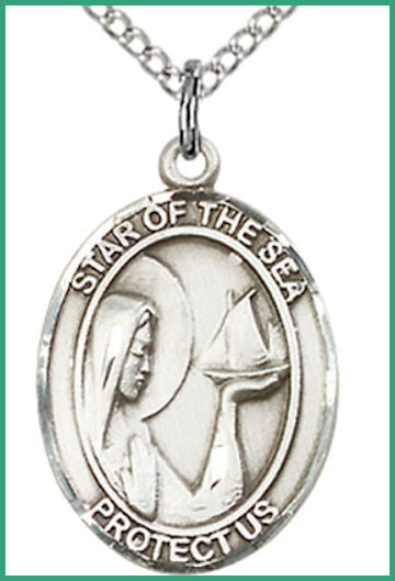 Sterling Silver Medal, 3/4"x9/16", Our Lady Star of the Sea, Your Choice of Chain, # 54686