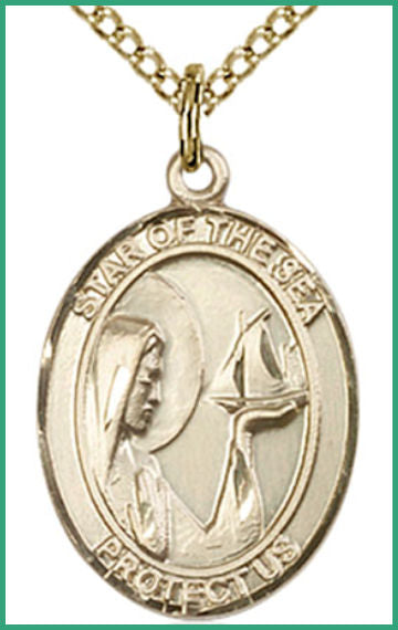 Solid 14kt Gold Medal, 3/4"x9/16", Our Lady Star of the Sea, Free Chain, # 54688