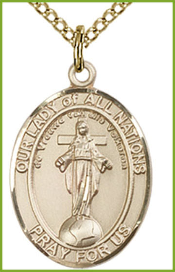 Solid 14kt Gold Medal, 3/4"x9/16", Our Lady of All Nations, Free Chain, # 54696