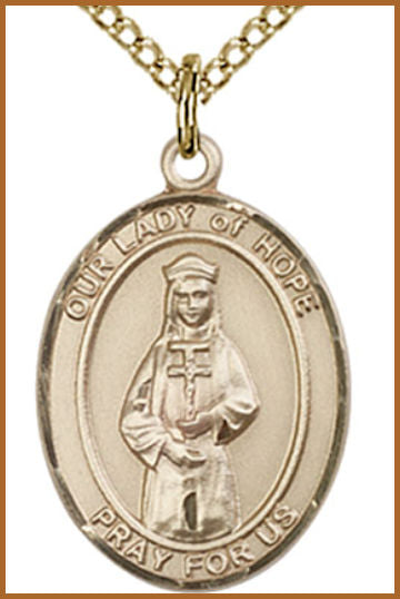 Solid 14kt Gold Medal, 3/4"x9/16", Our Lady of Hope, Free Chain, # 54714