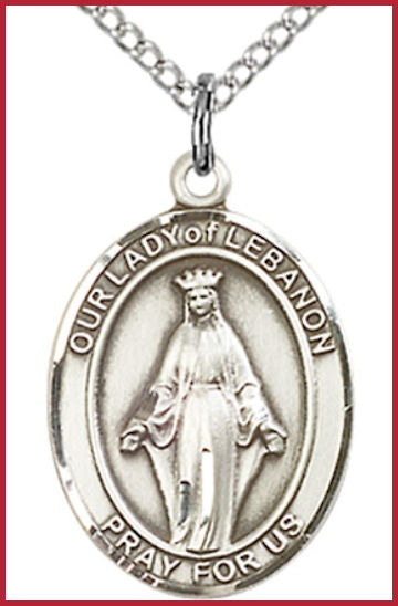 Sterling Silver Medal, 3/4"x9/16", Our Lady of Lebanon, Your Choice of Chain, # 54719