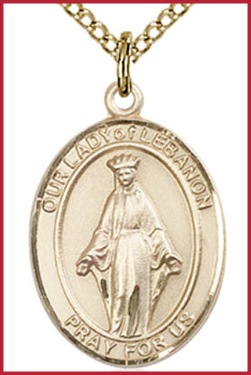 Solid 18kt Gold Medal, 3/4"x9/16", Our Lady of Lebanon, Free Chain, # 54722