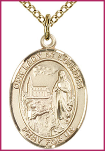 14kt Gold Filled Medal, 3/4"x9/16", Our Lady of Lourdes, Your Choice of Chain, # 54723