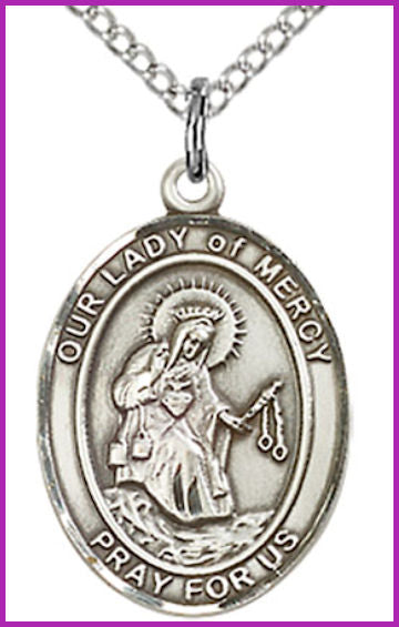 Sterling Silver Medal, 3/4"x9/16", Our Lady of Mercy, Your Choice of Chain, # 54726
