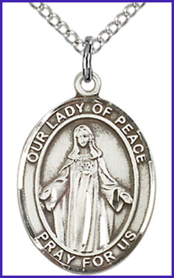 Sterling Silver Medal, 3/4"x9/16", Our Lady of Peace, Your Choice of Chain, # 54733