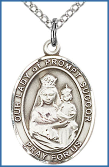 Sterling Silver Medal, 3/4"x9/16", Our Lady of Prompt Succor, Your Choice of Chain, # 54740