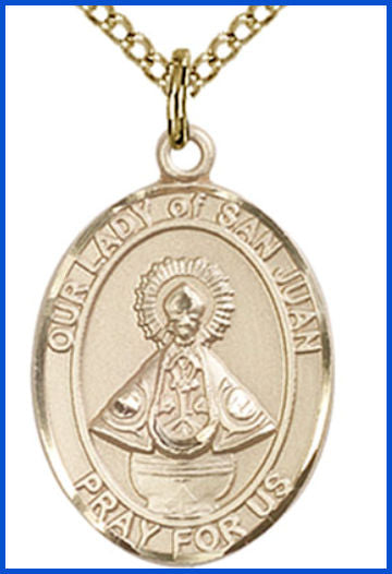Solid 18kt Gold Medal, 3/4"x9/16", Our Lady of San Juan, Free Chain, # 54746