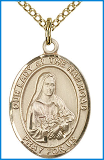 Solid 18kt Gold Medal, 3/4"x9/16", Our Lady of the Railroad, Free Chain, # 54750