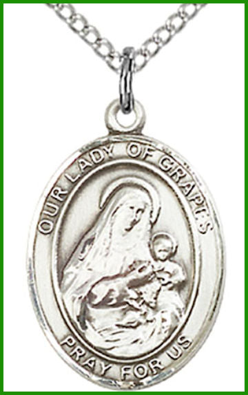 Sterling Silver Medal, 3/4"x9/16", Our Lady of Grapes, Your Choice of Chain, # 54755