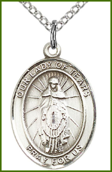 Sterling Silver Medal, 3/4"x9/16", Our Lady of Tears, Your Choice of Chain, # 54763