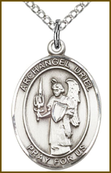 Sterling Silver Medal, 3/4"x9/16", Archangel Uriel, Your Choice of Chain, # 54775