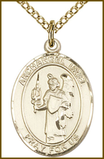 Solid 18kt Gold Medal, 3/4"x9/16", Archangel Uriel, Free Chain, # 54778