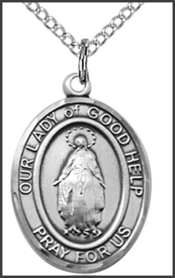 Sterling Silver Medal, 3/4"x9/16", Our Lady of Good Help, Your Choice of Chain, # 54780