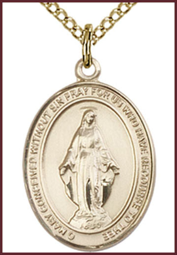 Solid 18kt Gold Medal, 3/4"x9/16", Miraculous, Free Chain, # 54787