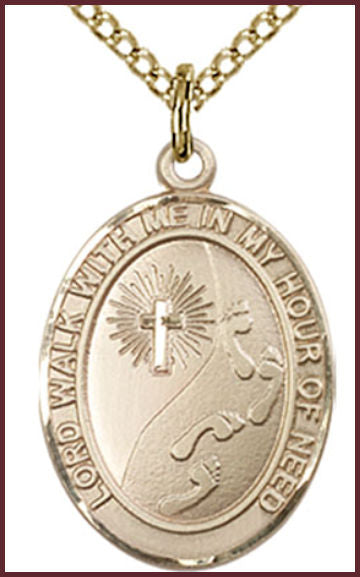 Solid 18kt Gold Medal, 3/4"x9/16", Footprints / Cross, Free Chain, # 54805