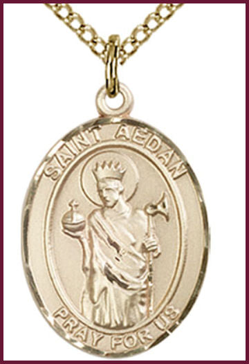 Solid 14kt Gold Medal, 3/4"x9/16", St. Aedan of Ferns, Free Chain, # 54819