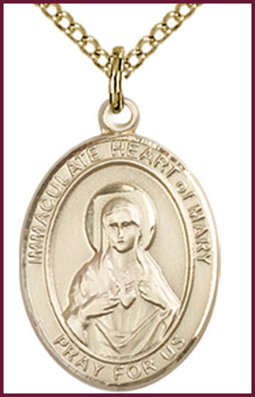 Solid 14kt Gold Medal, 3/4"x9/16", Immaculate Heart of Mary, Free Chain, # 54821