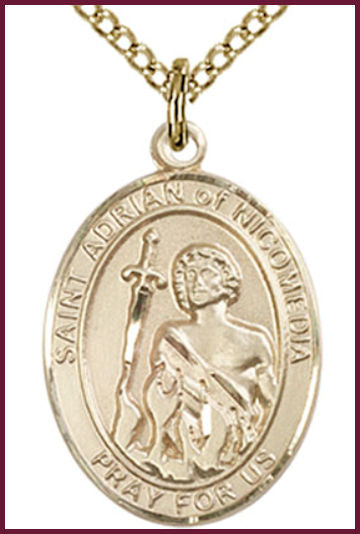 Solid 14kt Gold Medal, 3/4"x9/16", St. Adrian of Nicomedia, Free Chain, # 54827