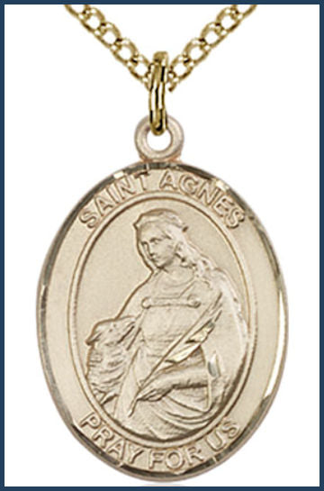 Solid 18kt Gold Medal, 3/4"x9/16", St. Agnes of Rome, Free Chain, # 54830