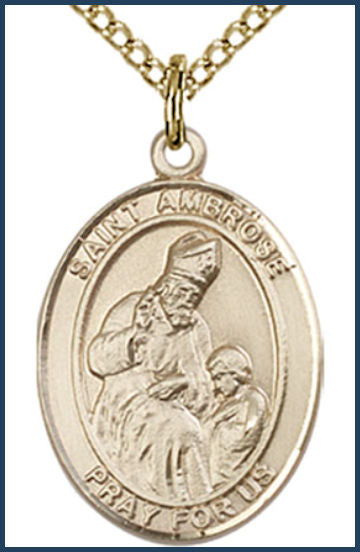 Solid 14kt Gold Medal, 3/4"x9/16", St. Ambrose, Free Chain, # 54845