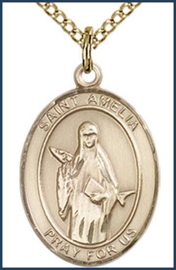 14kt Gold Filled Medal, 3/4"x9/16", St. Amelia, Your choice of chain, # 54899