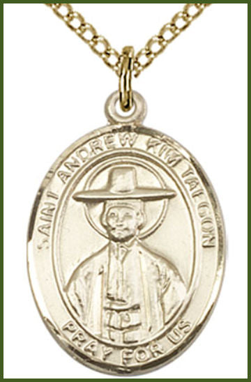 Solid 18kt Gold Medal, 3/4"x9/16", St. Andrew Kim Taegon, Free Chain, # 54852