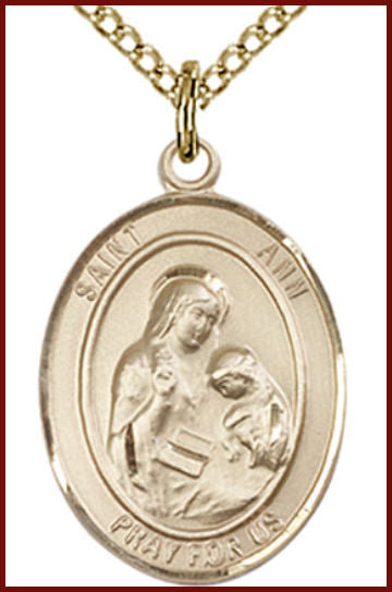 Solid 18kt Gold Medal, 3/4"x9/16", St. Ann, Free Chain, # 54858