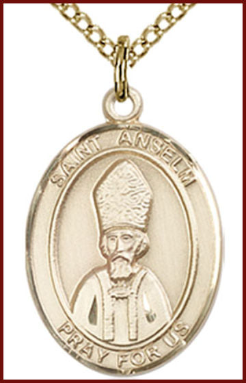 Solid 18kt Gold Medal, 3/4"x9/16", St. Anselm, Free Chain, # 54862