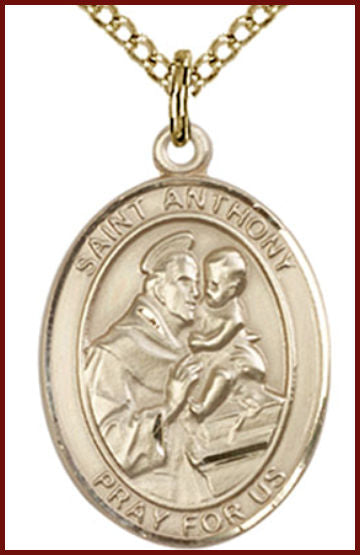 Solid 18kt Gold Medal, 3/4"x9/16", St. Anthony of Padua, Free Chain, # 54866