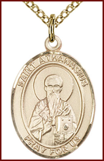 Solid 18kt Gold Medal, 3/4"x9/16", St. Athanasius, Free Chain, # 54872