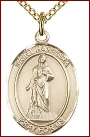 Solid 18kt Gold Medal, 3/4"x9/16", St. Barbara, Free Chain, # 54878