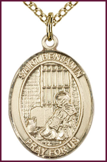 Solid 14kt Gold Medal, 3/4"x9/16", St. Benjamin, Free Chain, # 54889