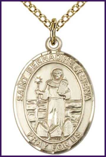 Solid 18kt Gold Medal, 3/4"x9/16", St. Bernadine of Siena, Free Chain, # 54929