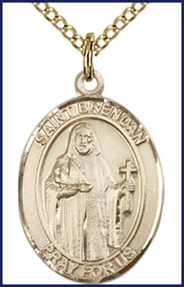 Solid 18kt Gold Medal, 3/4"x9/16", St. Brendan the Navigator, Free Chain, # 54947