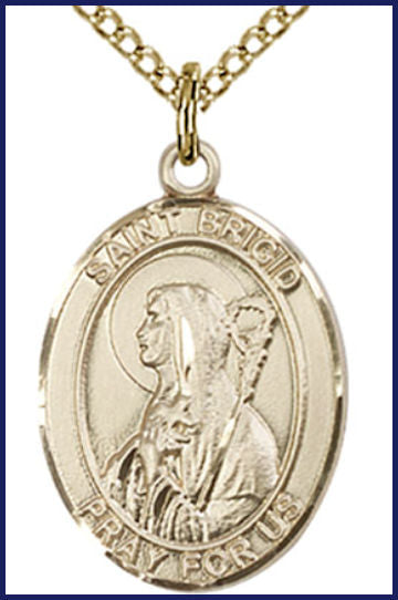 Solid 14kt Gold Medal, 3/4"x9/16", St. Brigid of Ireland, Free Chain, # 54952