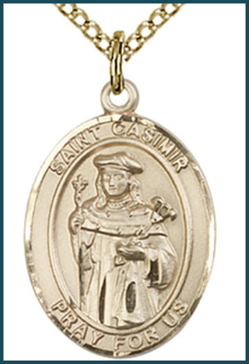 Solid 14kt Gold Medal, 3/4"x9/16", St. Casimir of Poland, Free Chain, # 54963