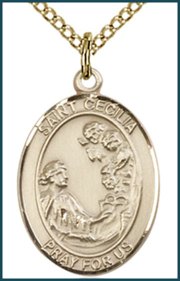 Solid 18kt Gold Medal, 3/4"x9/16", St. Cecilia, Free Chain, # 54979
