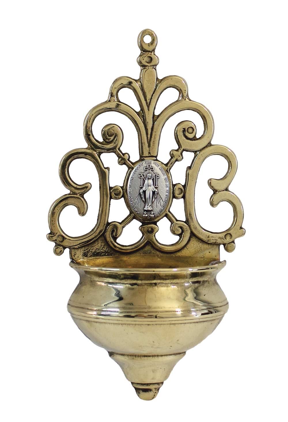 MiraculousMedal Shiny Brass Holy Water Font, 7.75", Made in Italy Pewter Style Medallion # 2500