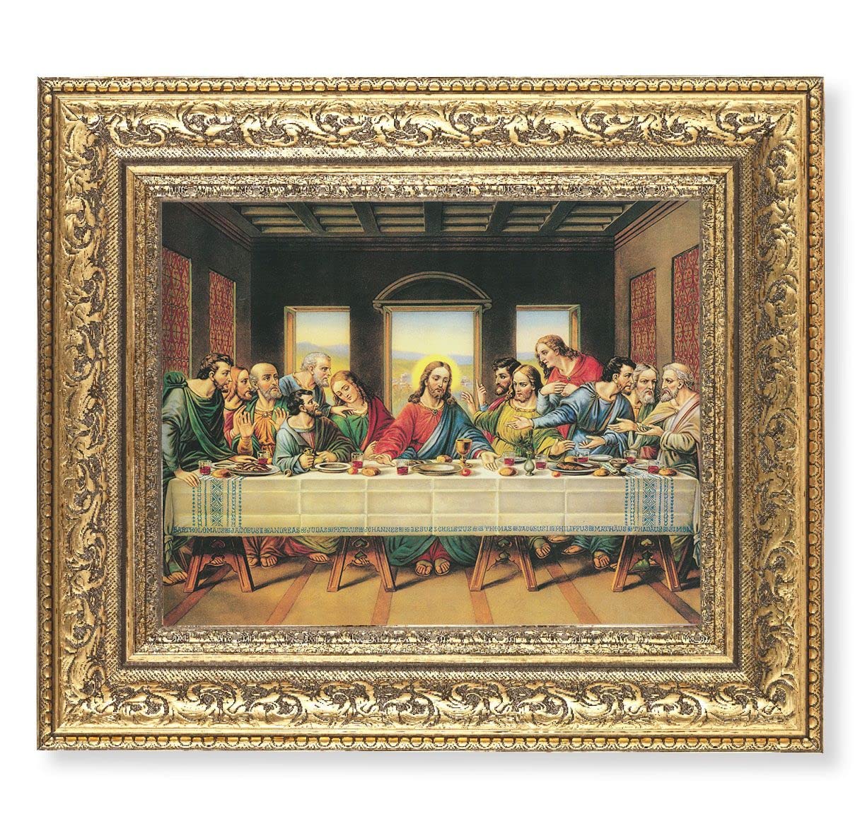 Last Supper Picture, 12-1/2"x14-1/2, Antique Gold Leaf Carvings Ornate Frame, Italian Print Under Glass # 25526