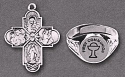 First Communion Ring & 4-Way Medal Set Silver Plate, # 6562