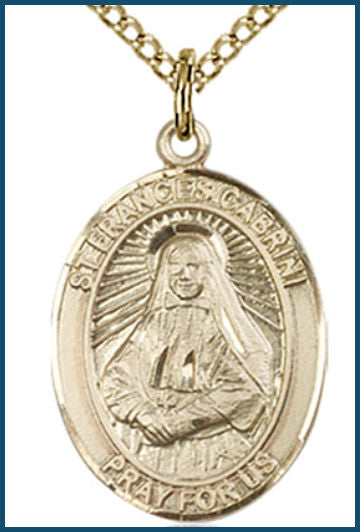 Solid 18kt Gold Medal, 3/4"x9/16", St. Frances Cabrini, Free Chain, # 55059